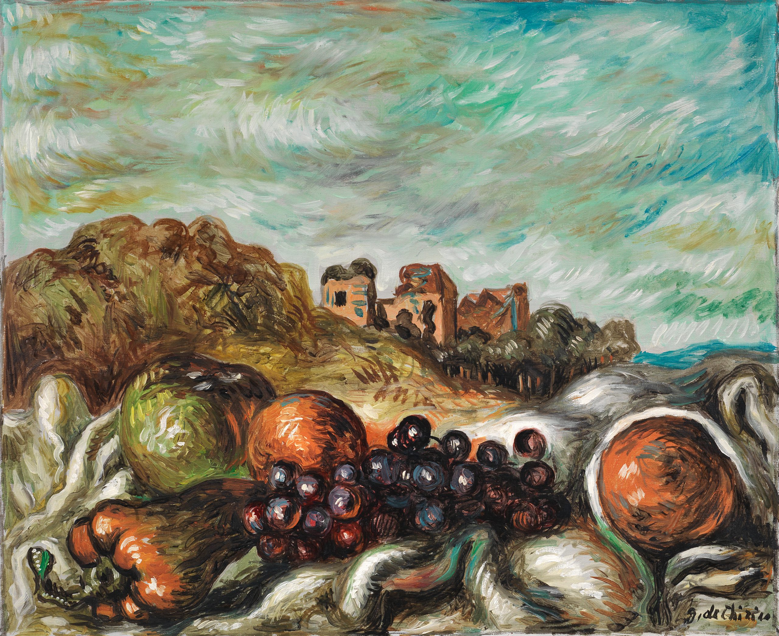 Il viaggio oltre la realtà in Galleria d'Arte Frediano Farsetti con il  grande GIORGIO DE CHIRICO e “Vita silente di frutta in un paese